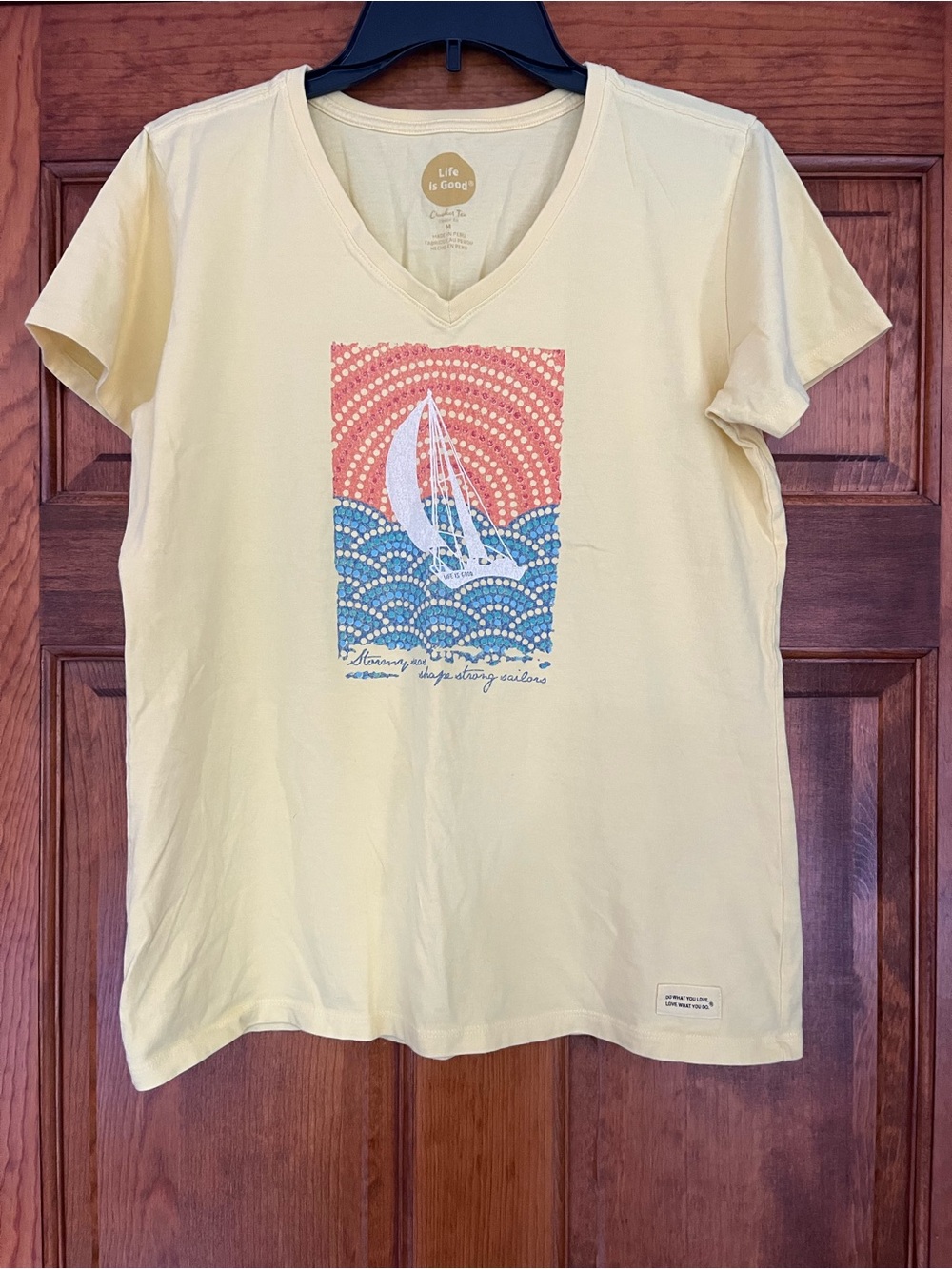 Life Is Good Pale Yellow V-Neck Tee with Sailboat Graphic